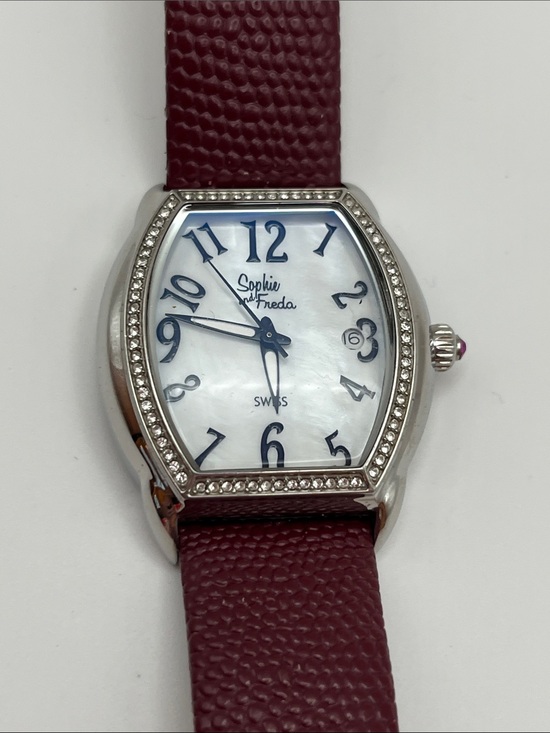 Sophie and Freda Accessories - Women's Burgundy Leather Strap Crystal-Trim Watch